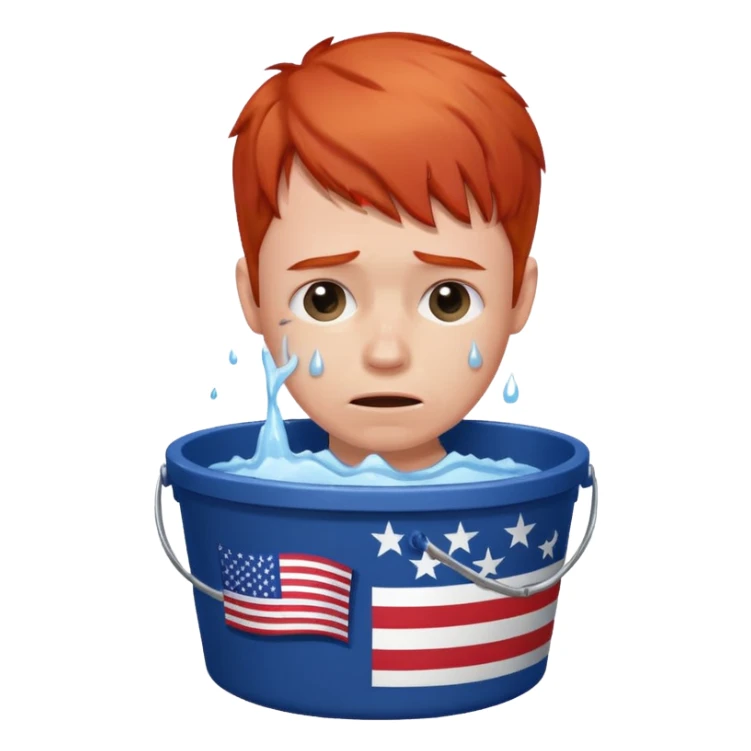 short red haired man crying into bucket with USA flag on it sticker