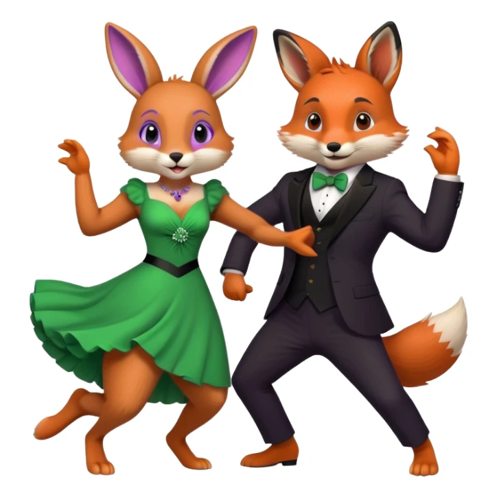 Purple bunny in a green dress and fox in a black suit dancing  sticker