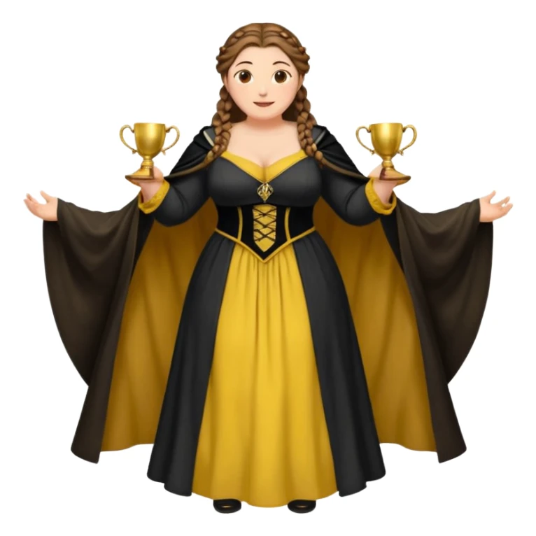 Helga Hufflepuff,brown-haired,2 braids,yellow-black medieval open dress,deep neckline,fat macromastia,black cloak decorated with gold braiding,gold cup with two handles,very kind smile,curvy busty sweet woman,round rosy cheeks,full length with medieval shoes sticker