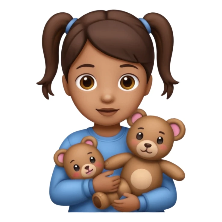Toddler emoji with two pigtails dark brown hair holding stuff sticker