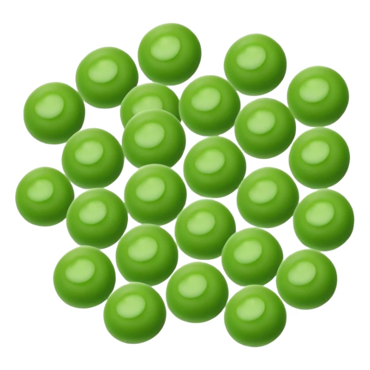 a handful of frozen green peas, scattered, bright green, round, smooth, uniform, frosted matte surface, subtle hue differences, no extras, soft lighting, emoji scale sticker