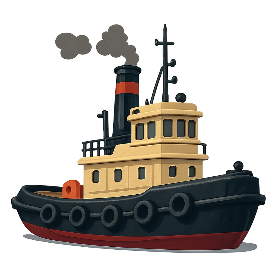 stylized illustration of tug boat with dark hull and cream yellow upper structure sticker