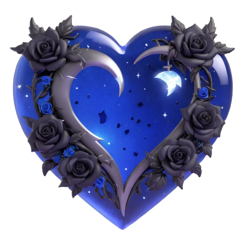 gothic heart in dark blue glass, with a silver crescent moon, small black roses, shimmering stardust, lightning bolt motif, rain-soaked glossy look, visible cracked glass texture sticker