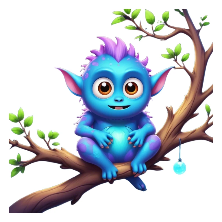 3D, create an image of a cartoon monster with extra big shining eyes sitting on a tree branch, thomas kinkade and paul lehr, pixar cute character design, by Anne Stokes, splashes of neon galaxies, adorably cute, drew struzan inspiration, 2019, by Wojciech Korneli Stattler, beautiful matte painting sticker