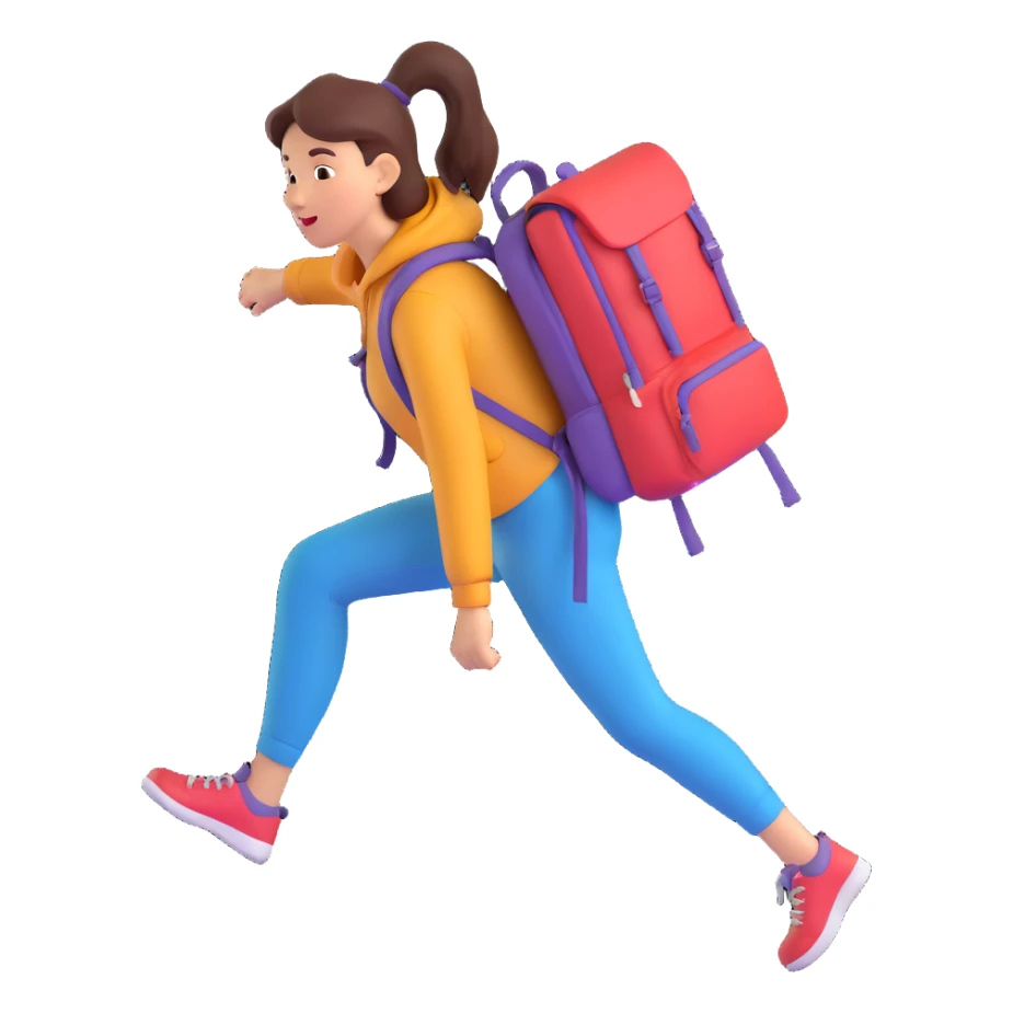 a woman walking with a backpack, stylized features, bright colors, energetic movement sticker