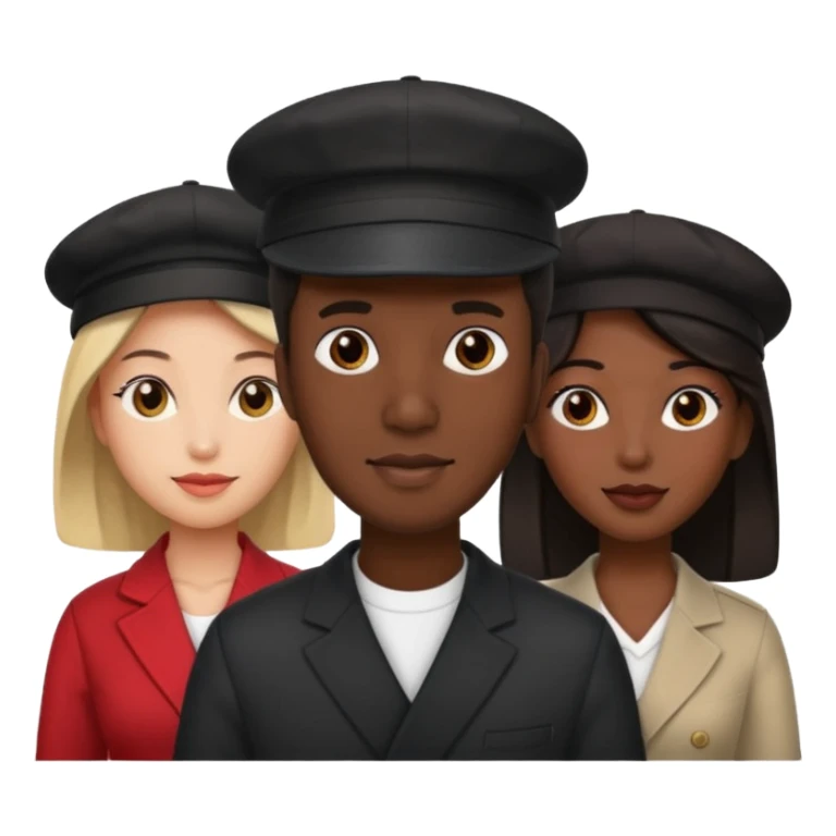 Black man with fitted hat on  with two women one black one Chinese  sticker