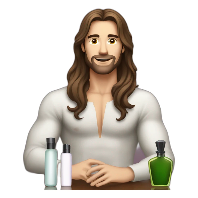 white skin men with long brunette hair with a perfum bottle sticker