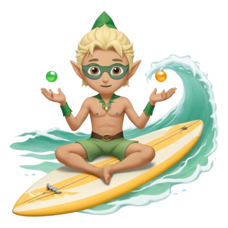 elf male legolas sitting on surfboard (ashore), hands manipulating two orbs of swirling seawater giving a "massage" to his own shoulders, wearing relaxed linen shorts over swimwear, tinted elven sunglasses, pointy ears, content expression, centered emoji sticker