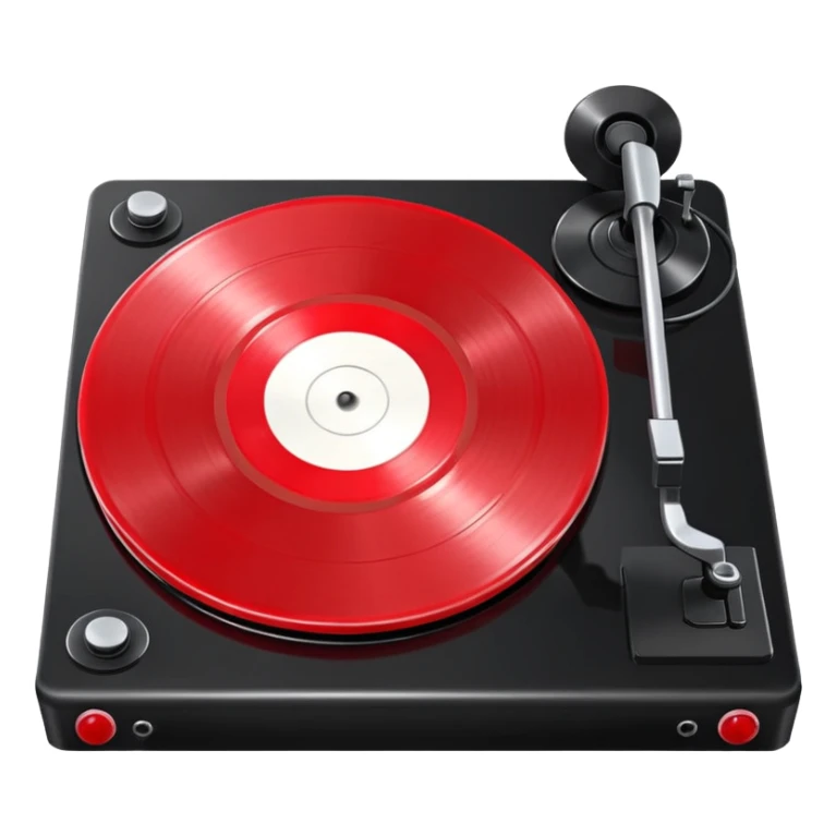 Generate a high-quality 3D cartoon-style emoji of a red LP record placed inside a black LP turntable, realistic shading, smooth gradient colors, rounded and cute appearance, simple white background, high-resolution.
 sticker