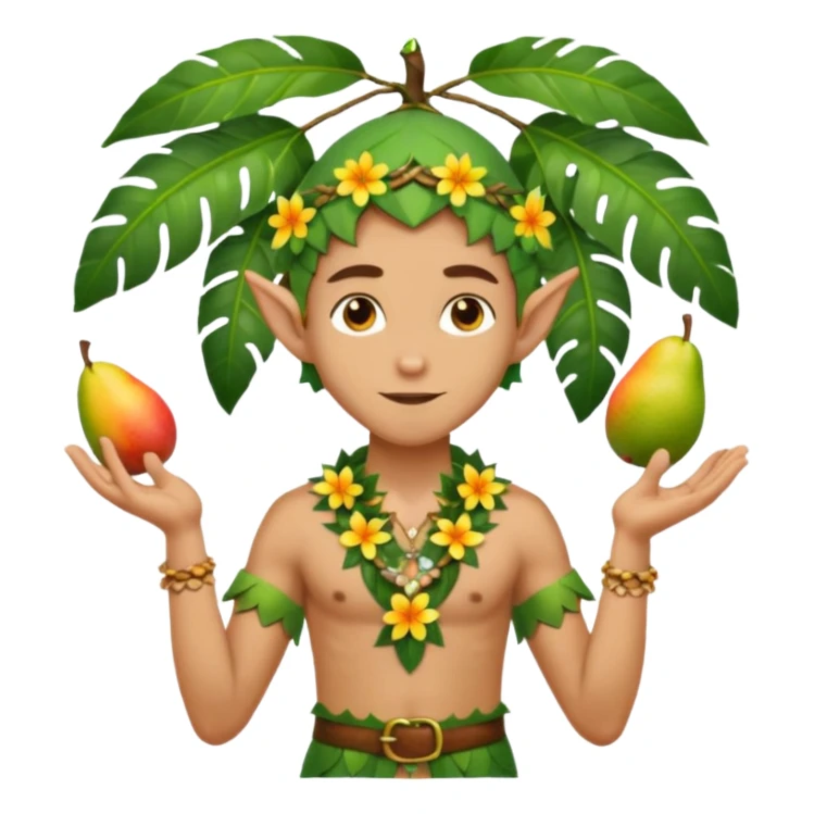 male elf in open palm-leaf shirt, offering mango. Flower necklace, sandals sticker