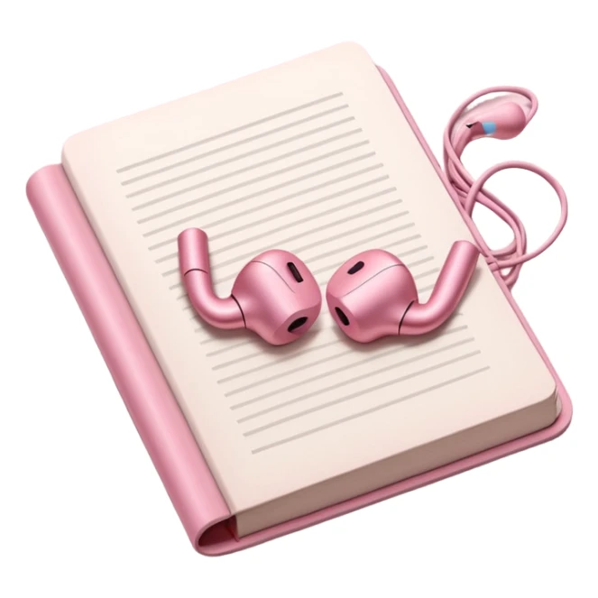  pink Pink Apple-style earbuds lying on an open book, soft pastel tones, cozy and minimal aesthetic, realistic lighting and shadows, top-down view, transparent background" sticker
