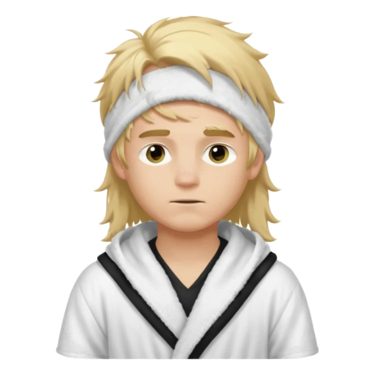 Create a blond boy with long, messy hair, light eyes, a white t-shirt, rich, with long hair, blue eyes, medium-length, voluminous hair, wearing a black Nike bathrobe and a little blush near his nose. and with a balaclava, type bandit balaclava sticker