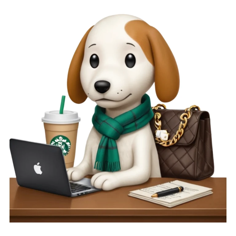 snoopy in a desk with starbucks and his chanel purse sticker