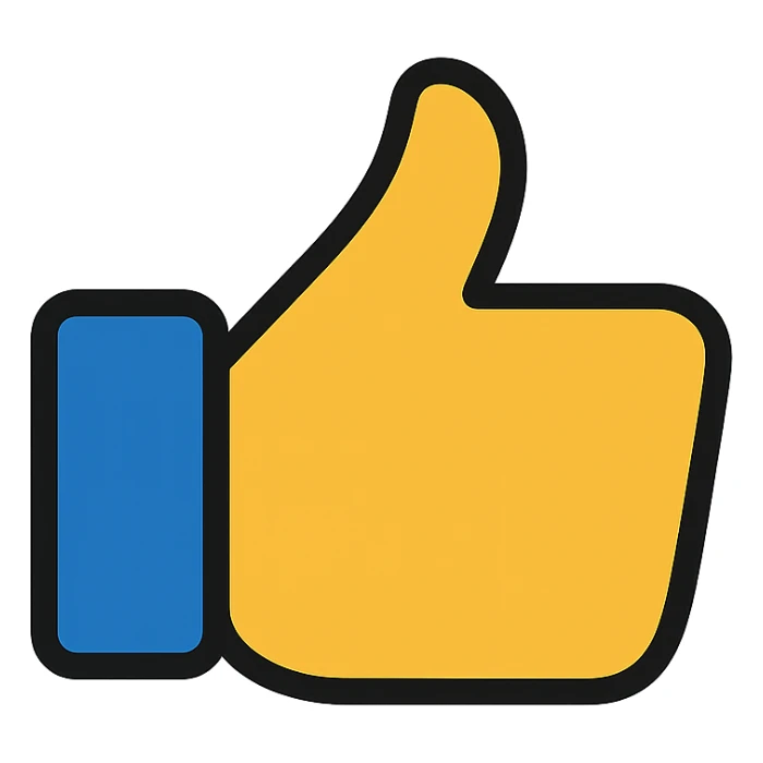 Create a thumbs up (like button) icon matching the style of the provided reference image, with a transparent background. The style is lineal color icon with black outlines, supporting text and detailed editing. sticker