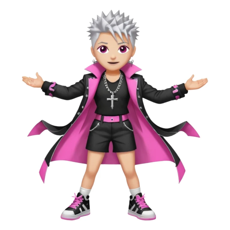 	•	White-gray, spiked hair like entropy made cute 	•	Eyes: Pink with 7 shifting rings—hypnotic, unreadable 	•	Wears a tailored high-fashion jacket with black chain-lined dress shorts 	•	Saw-toothed smile, street-combat high-tops, and a silver crucifix earring sticker