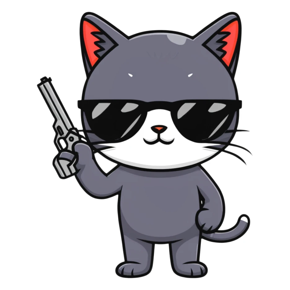 black cat with sunglasses and a gun sticker