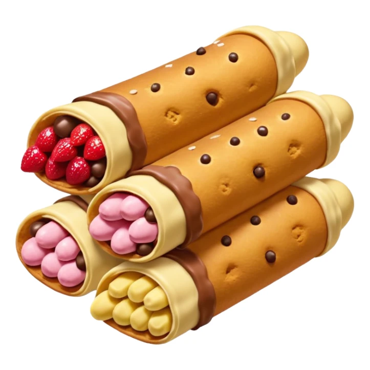 a pile of canolis -- one strawberry, one chocolate and one banana canoli sticker