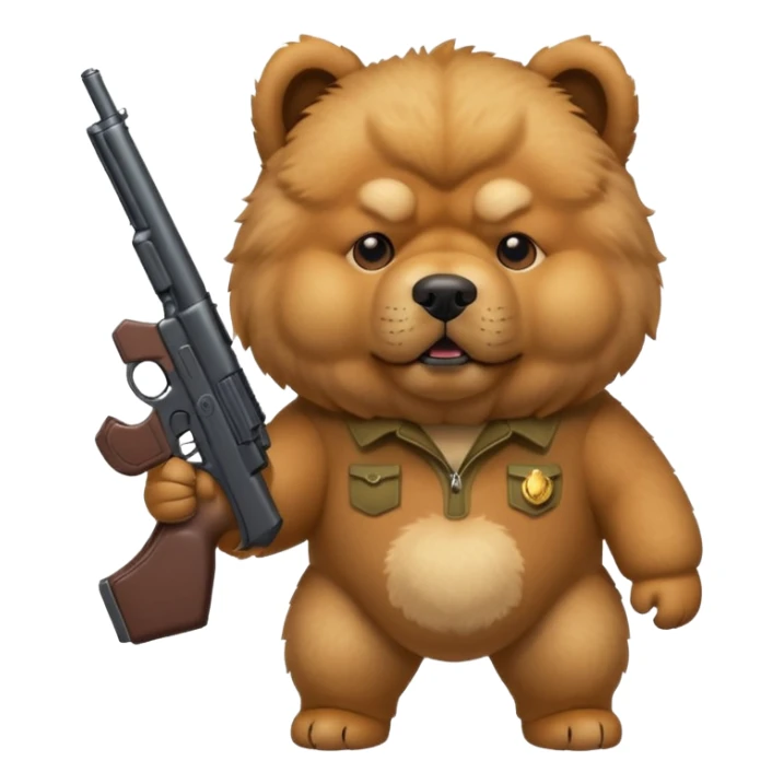 Funny realistic-style chow chow dog with light fur standing on its hind legs and holding a gun menacingly sticker