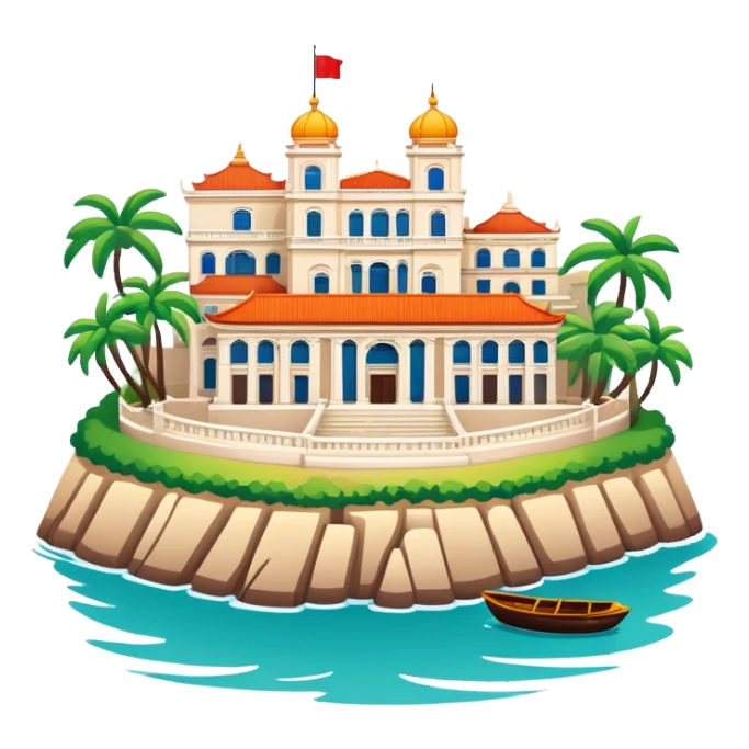 Gulangyu Island Xiamen with colonial buildings, simplified emoji style with bold outlines and bright colors, cartoon style island with piano shape sticker