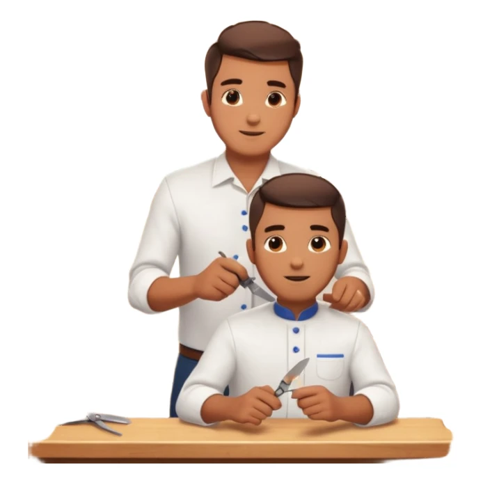 Inside a cozy barbershop with soft lighting, an experienced barber gently teaches his apprentice, guiding his hands as they cut hair together. The room is filled with warmth, plants hanging from the ceiling, and the hum of clippers sticker