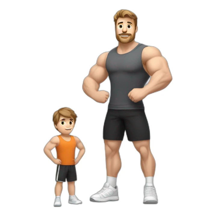 Full height Actively gesturing with hands Pale skinned Fit Man With the biceps and brown hair in dark gray Sleeveless Mike, black oversize sports shorts, watch and white Sneakers sticker