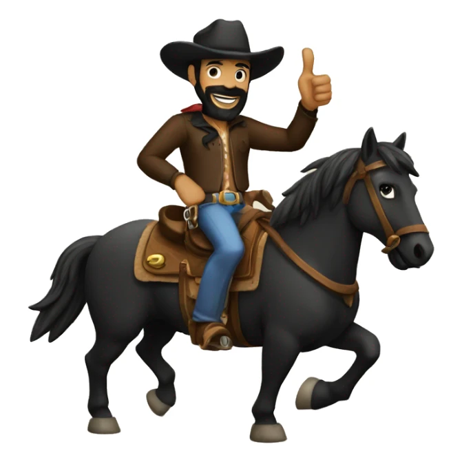man with black beard and black eyes wearing a cowboy hat riding on his black horse making thumbs up hand gestures sticker