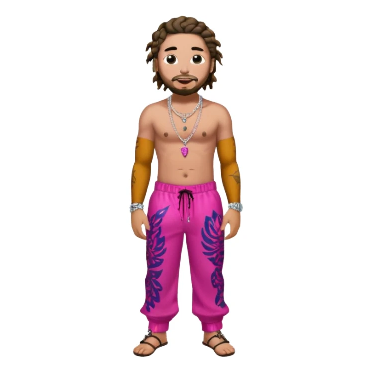 Post Malone with dark pink sequin baggy pants, shirtless with necklace sticker