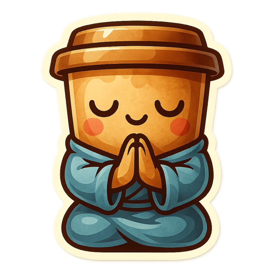Tall coffee cup, bowing on knees, praying, worship, wearing soft blue monk robes sticker
