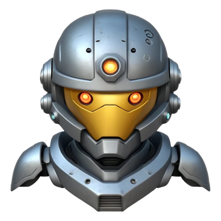 futuristic war robot portrait, head and shoulders only, glowing eyes, detailed helmet faceplate, armor collar, sci-fi metal textures, 3D cartoon, mobile game icon style, clean background, no text, no watermark
 sticker