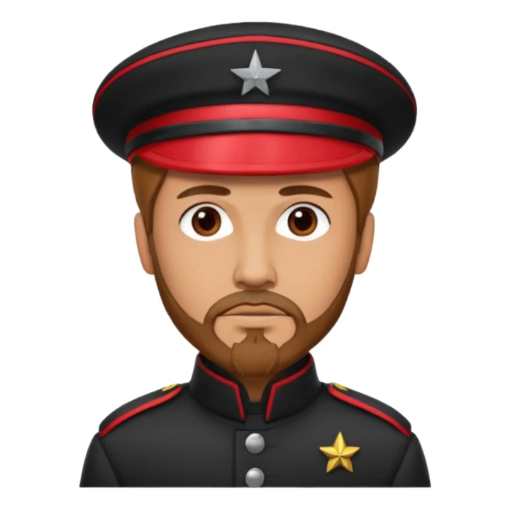 A full body tall guy with a red goatee. He wears a black military barret dressed like a star wars smuggler  sticker