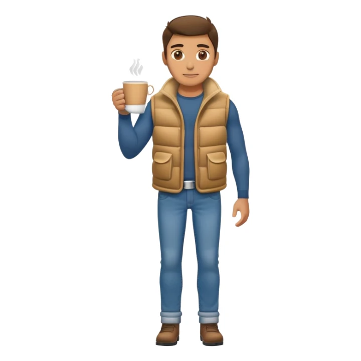 full body man with plain puffy vest and jeans with coffee mug sticker
