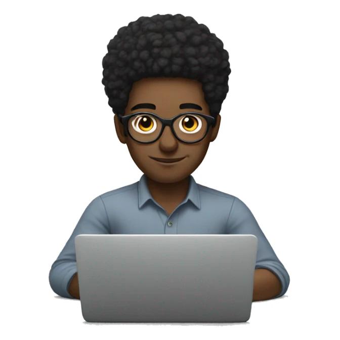 white man with circle glasses, black hair working on laptop sticker