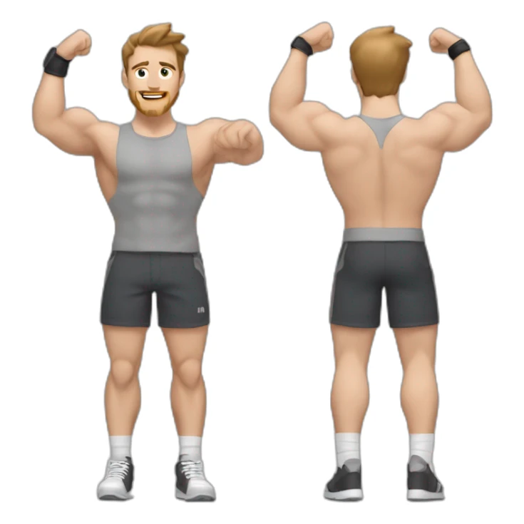 Close up Actively gesturing  with hands Pale skinned Fit Man With the biceps and brown hair in dark gray Sleeveless Mike, black oversize sports shorts, watch and white Sneakers sticker