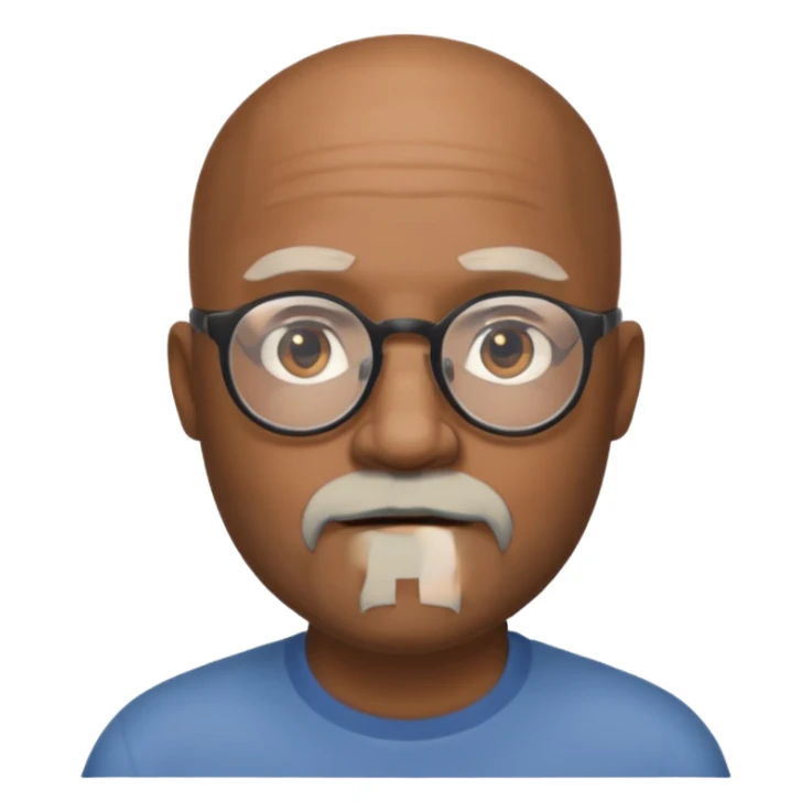 African american male, bald, gray beard. Round face, glasses sticker