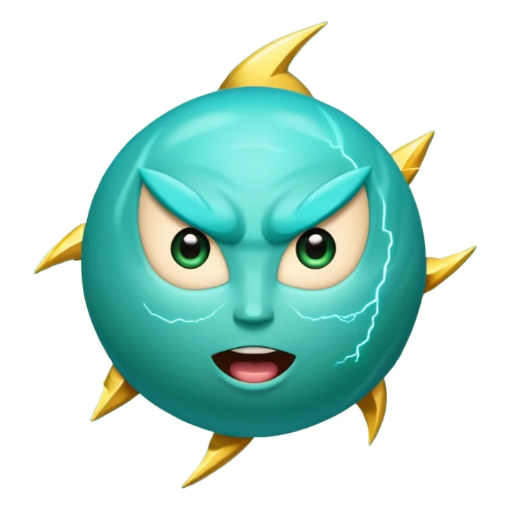 Uranus planet emoji in Apple-style, blue-green with dynamic rings, large fun excited expressive face, big bold lightning bolt, symbolizing chaotic unexpected energy sticker