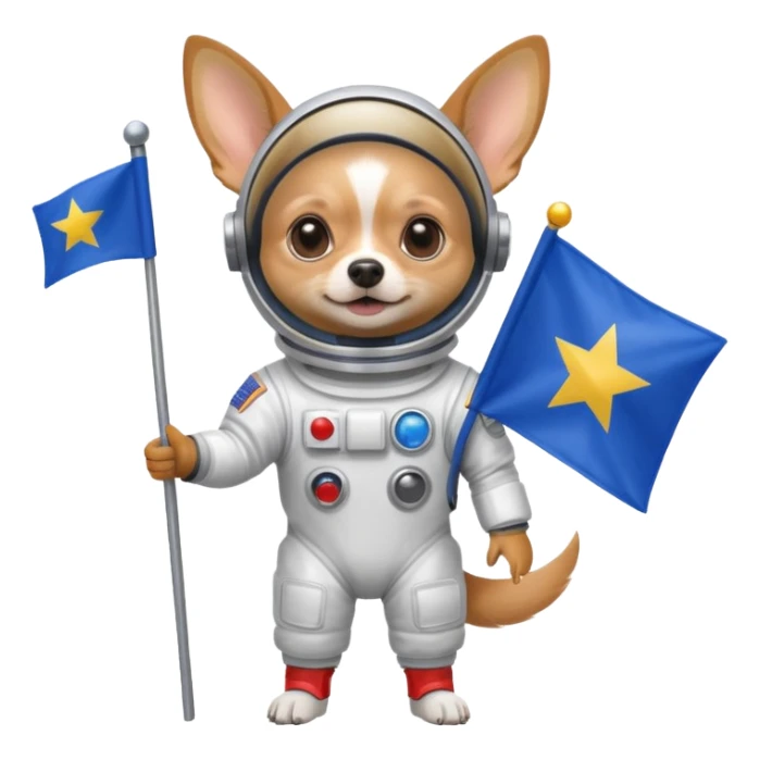 a chihuahua in space suit, holding blue rectangle flag, full body, front view sticker