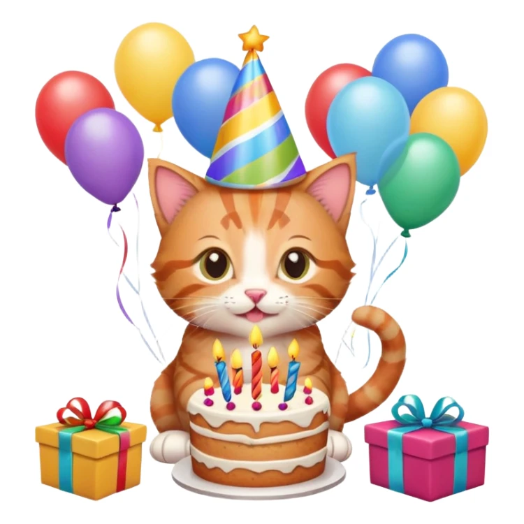 Ginger tabby kitten birthday, birthday hat, birthday cake, balloons, happy, gifts sticker