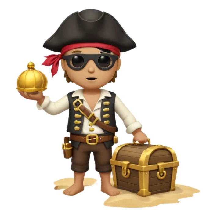 A 3D cartoon pirate with one eye covered by a black eye patch, holding a treasure chest of gold, wearing a hat, standing on sand, Memoji-style. sticker