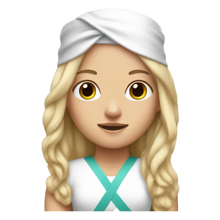 a long haired blond-haired women with a white medical head bandage sticker