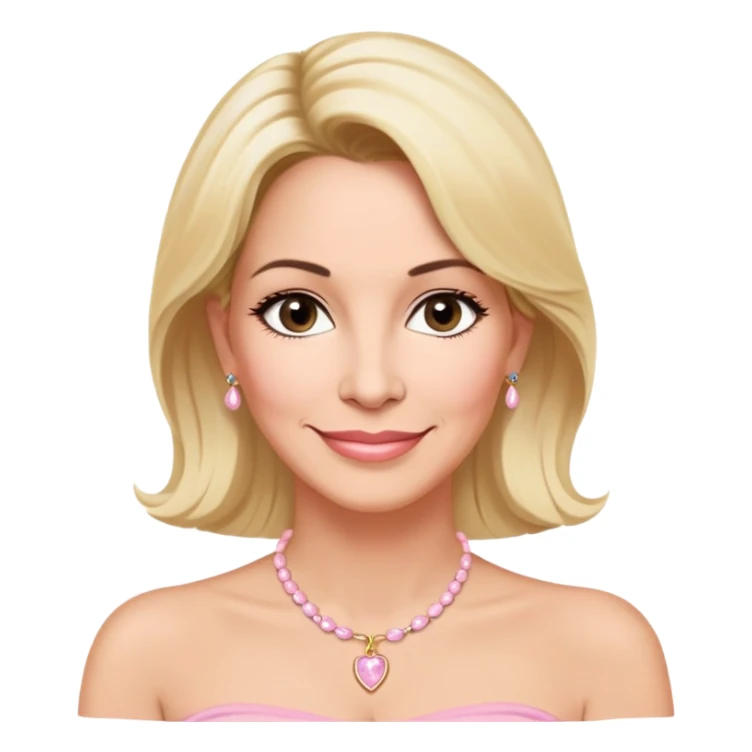 Linette Torres, 50-something Puerto Rican actress with fair complexion, kind-hearted expression, bright caring eyes, soft smile, blonde hair, wearing a light pink strapless top that sits below her shoulders and a simple elegant necklace sticker