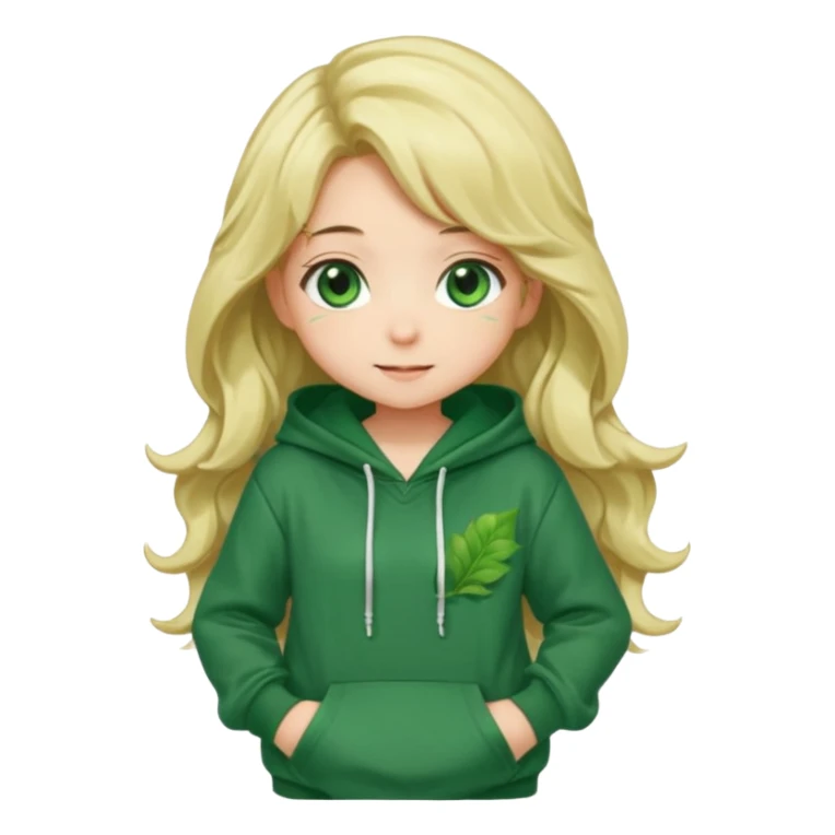 Chibi anime girl, full body, long wavy blonde hair, large green eyes, blushing cheeks, shy smile, leaning forward, wearing an oversized green hoodie with a dark green leaf pattern. sticker
