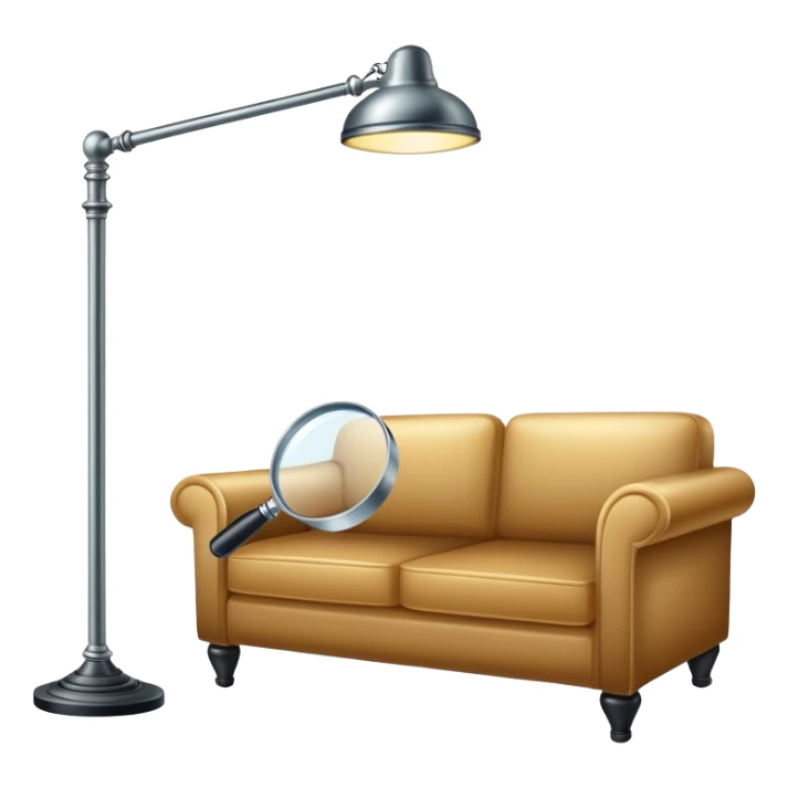 magnifying glass hovering over a couch and floor lamp, detective investigation sticker