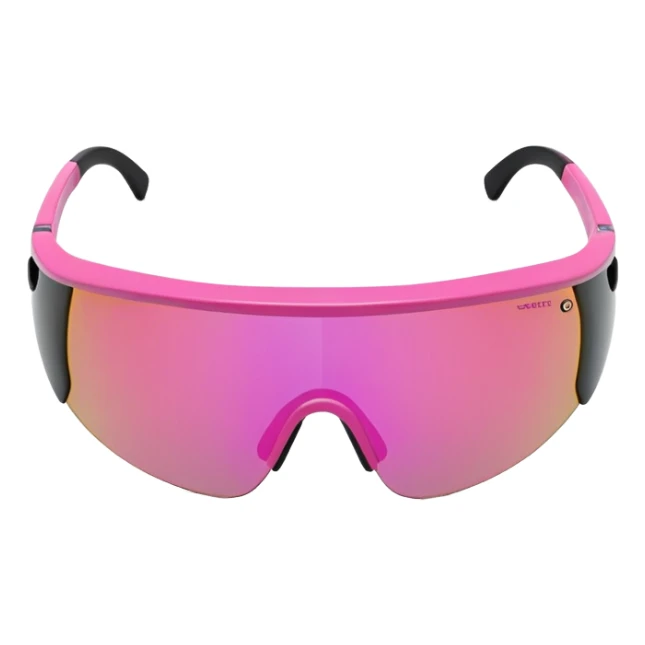 sporty pink shield visor sunglasses with thick frame with carbon fiber appearance, lightweight yet chunky design, substantial build, one-piece lens with hydrophobic coating sticker