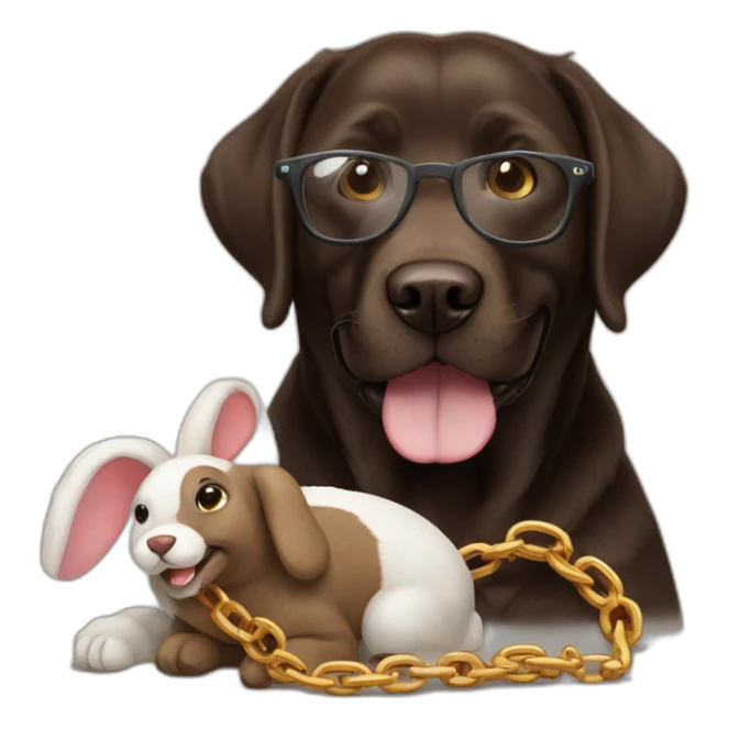 dark brown labrador, smiling, with glasses, a chain with "Sam" and a stuffed rabbit in mouth sticker