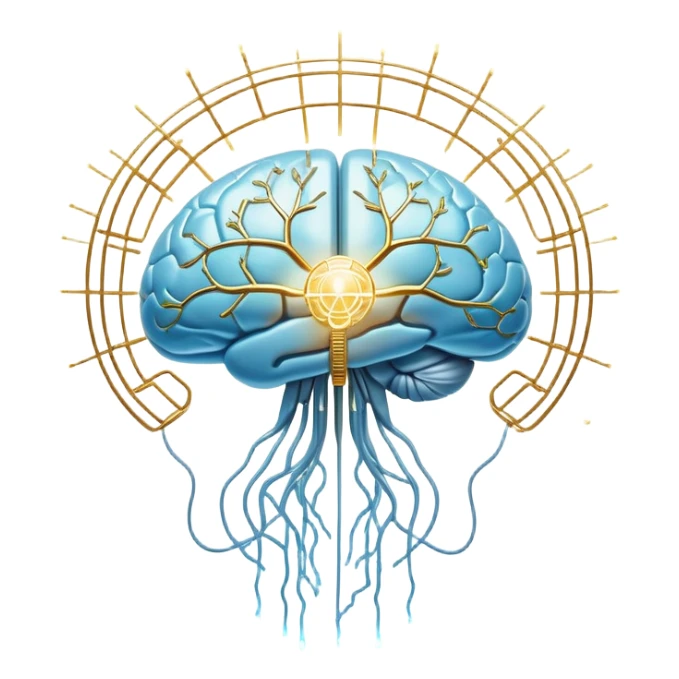 Pearlescent and light blue floating capsule suspended in front of an ethereal brain illuminated by golden electrical pulses branching into a neural network pattern, awakening lucidity. A soft light also surrounds a small liver symbol, all rotating in an aura of focus and internal connection sticker