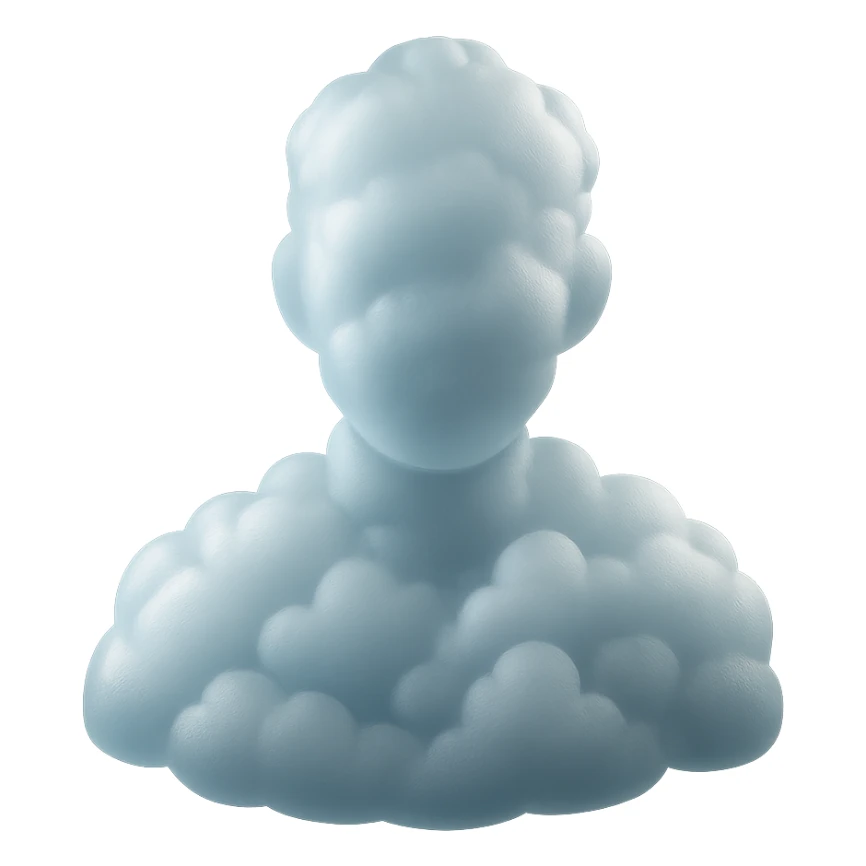 person assembled from bright clouds, shoulder up, front view, matte glass style sticker