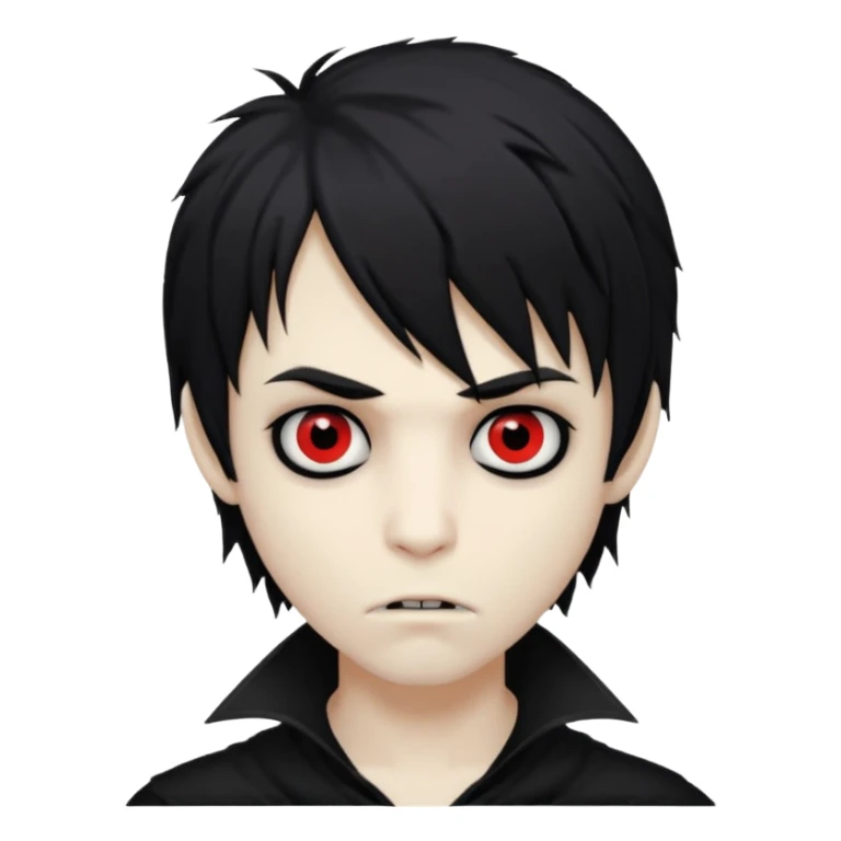 creepy boy vampire, black shaggy emo hair, medium long, dark and spooky look sticker