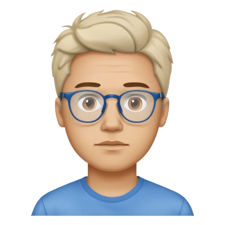 A man wearing a blue shirt over a white tshirt, with frameless glasses and having a bit messy middle part hairstyle  sticker