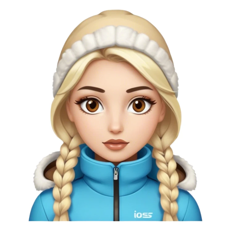 Blonde model with brown eyes, ski outfit, luxury makeup sticker