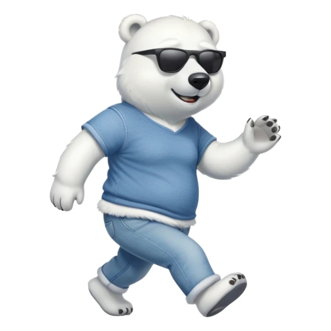 friendly anthropomorphised polar bear in jeans and a t-shirt, wearing dark sunglasses, jogging upright, relaxed pose sticker